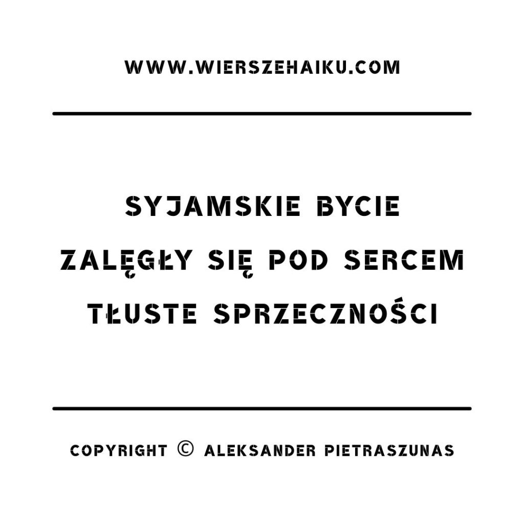 wiersze haiku :

syjamskie bycie
zalęgły się pod sercem
tłuste sprzeczności