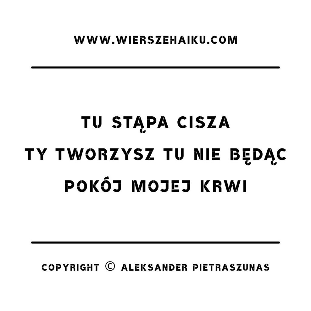 Poezja haiku :

tu stąpa cisza
ty tworzysz tu nie będąc
pokój mojej krwi